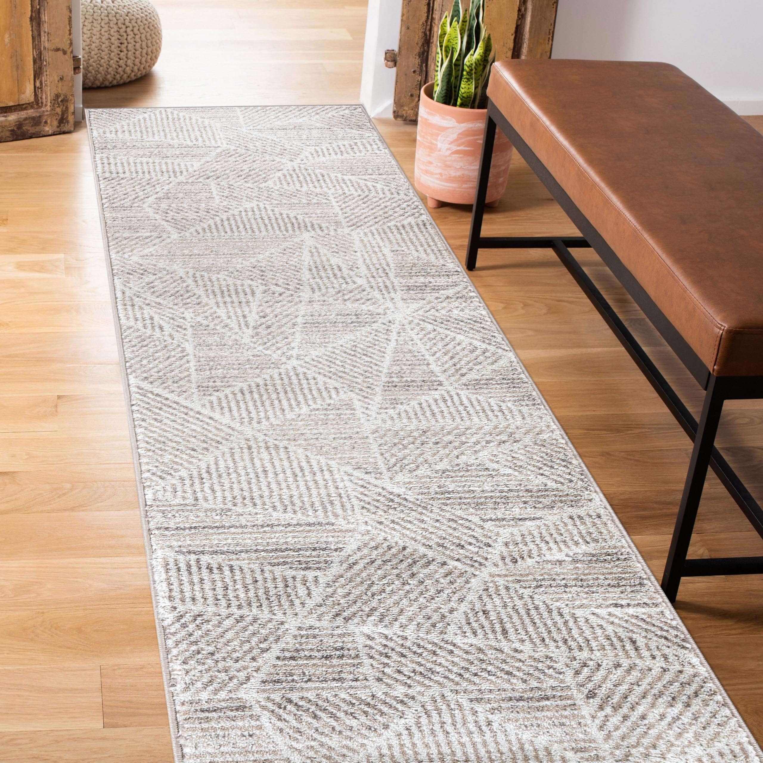 Rugshop Contemporary Geometric Stripe High Traffic Living Room,Bedroom,Kitchen, Home Office Runner Rug 2' x 7' Cream