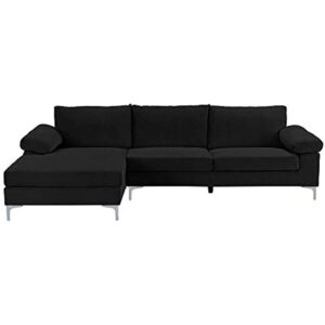 FANCUF Large Velvet Fabric Sectional Sofa L Shape Couch with Extra Wide Chaise Lounge, Black