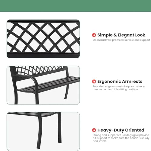 FANCUF Garden Bench,Outdoor Benches Iron Steel Frame Patio Bench Pattern and Plastic Backrest Armrests for Lawn Yard