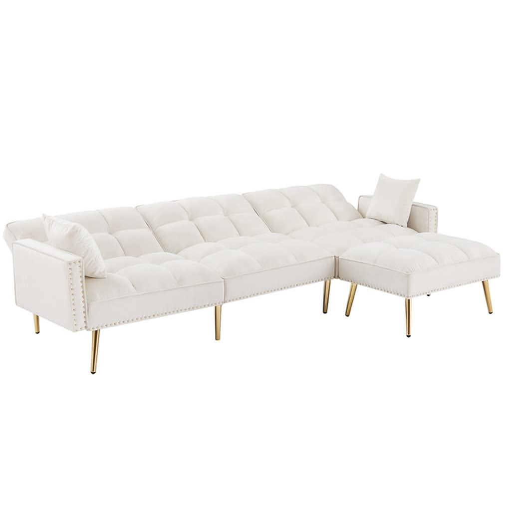 FANCUF Velvet Upholstered Reversible Sectional Sofa Bed, L-Shaped Couch with Movable Ottoman for Living Room.