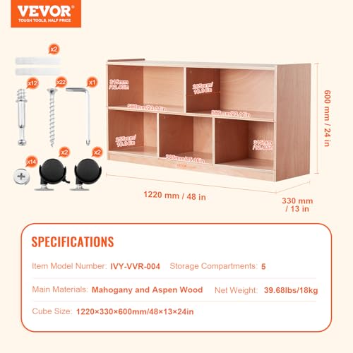 VEVOR 5-Compartment Montessori Bookshelf, Kids Toy Shelf Cubby Storage Shelf 2-Shelf, Classroom Cubbies, Classroom Furniture for Home, Daycare and Preschool, Natural