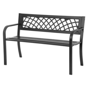 fancuf garden bench,outdoor benches iron steel frame patio bench pattern and plastic backrest armrests for lawn yard