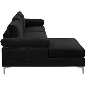 FANCUF Large Velvet Fabric Sectional Sofa L Shape Couch with Extra Wide Chaise Lounge, Black