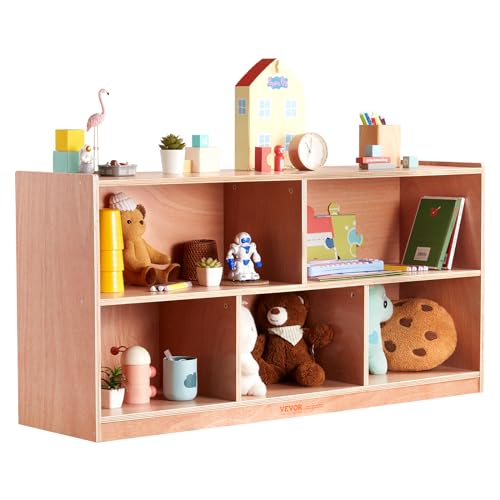 VEVOR 5-Compartment Montessori Bookshelf, Kids Toy Shelf Cubby Storage Shelf 2-Shelf, Classroom Cubbies, Classroom Furniture for Home, Daycare and Preschool, Natural