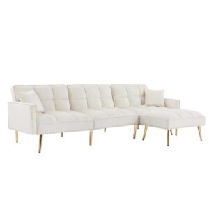 fancuf velvet upholstered reversible sectional sofa bed, l-shaped couch with movable ottoman for living room.