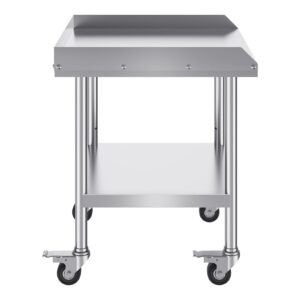 VEVOR Stainless Steel Work Table, 24 x 28 x 30 Inch Commercial Food Prep Worktable with 4 Wheels, Casters, 3-Sided Backsplash Heavy Duty Prep Worktable, Metal Work Table for Restaurant Home Hotel