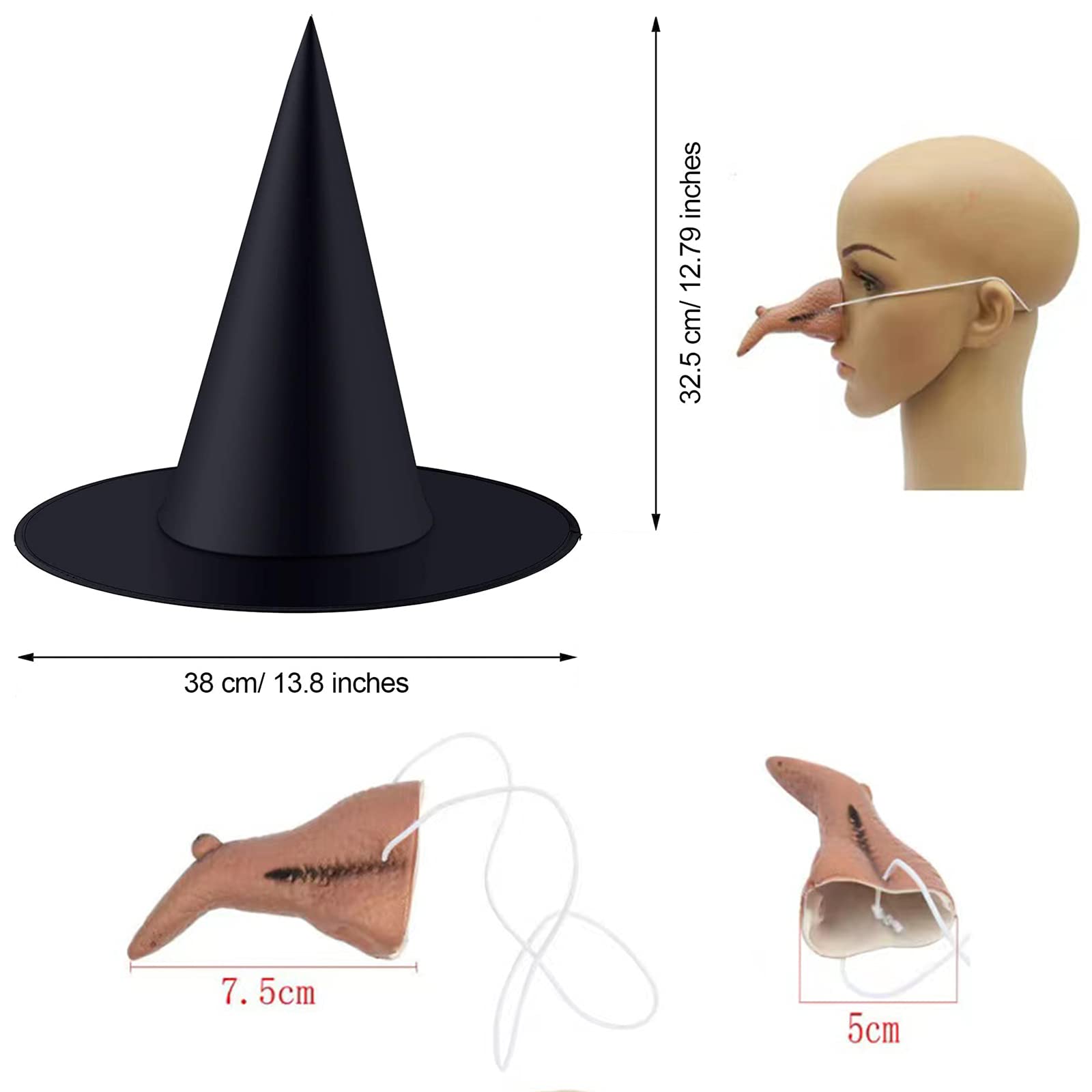 Zanconic Halloween Witch Hat, Witch Hat Decoration, Halloween Witch Hat Nose Set, Hallowen Witches Costume Accessories Black Cap for Halloween Party Cosplay Role-play Holiday Carnivals Decor