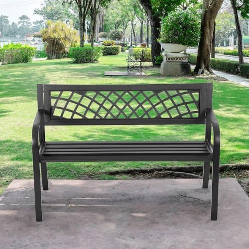 FANCUF Garden Bench,Outdoor Benches Iron Steel Frame Patio Bench Pattern and Plastic Backrest Armrests for Lawn Yard