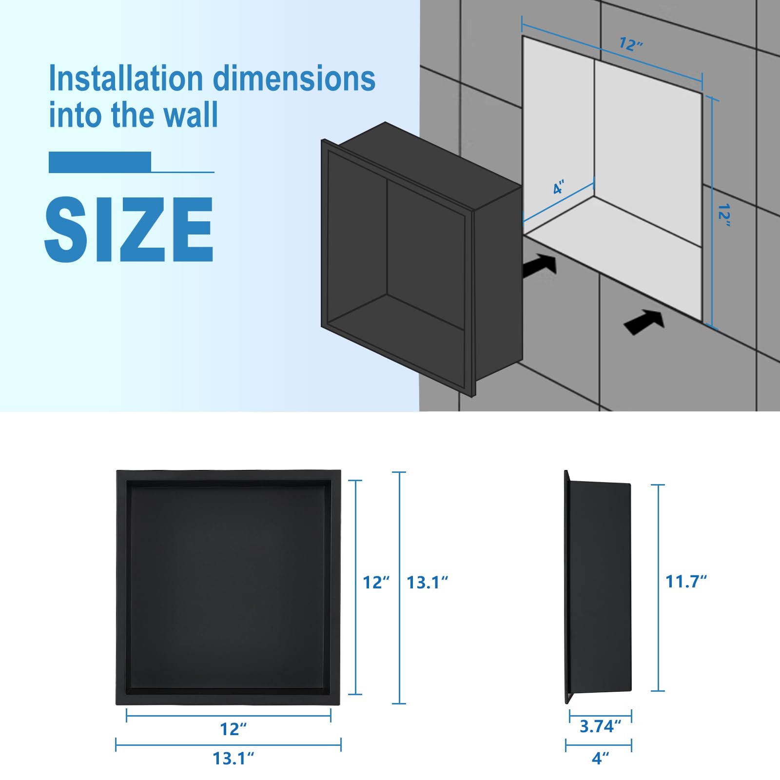 ZBOCAI Shower Niche 12"×12", Stainless Steel Shower Niche No Tile Needed for Bathroom Storage, Waterproof Recessed Niche for Shower Wall, Easy to Clean (Black)