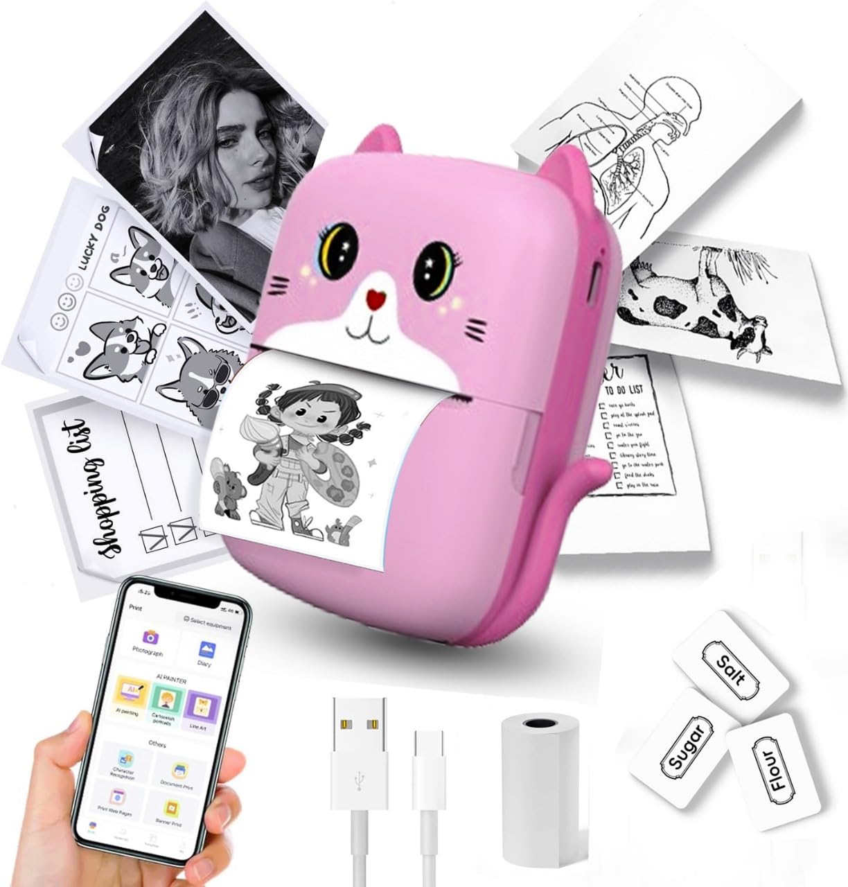 Thermal Mini Printer, Wireless Inkless Sticker & Label Maker with Tape, Bluetooth Machine Buddy for Phone iOS&Android, Free Cut Pocket Printer for Notes&Children DIY, Instant Photo Printing (Pink)