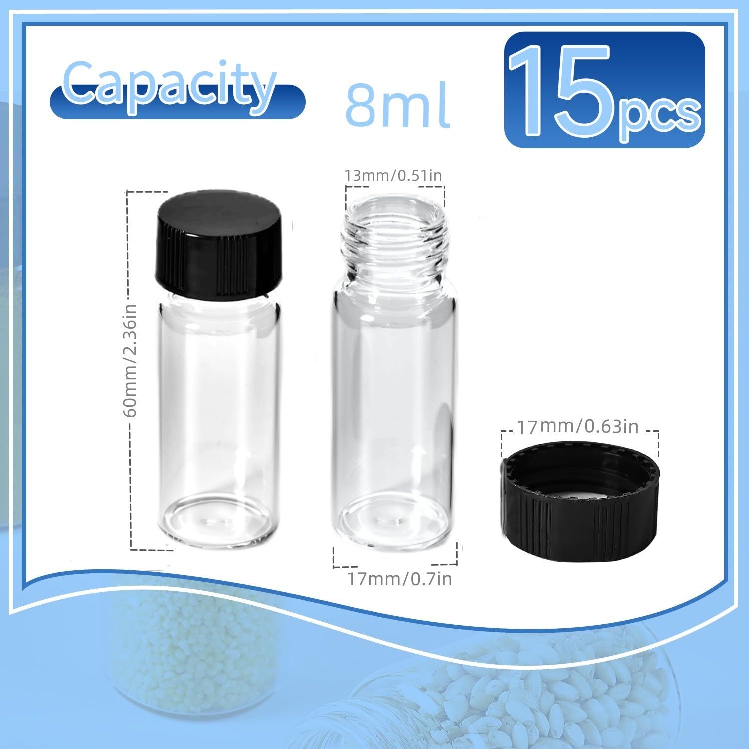 QOAEZK 15 PCS 2 Dram Glass Vials, Small Liquid Sample Vial,17x60mm 8ml Borosilicate Glass Empty Vials with Caps, Leak-Proof Vial,15-425 Black Screw Caps with PE Liner