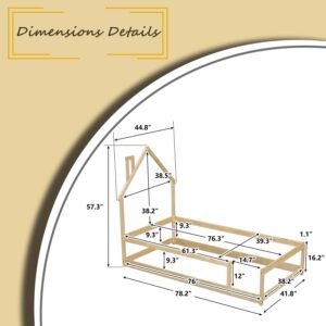 Altillo Twin Size Wood Montessori Floor Bed Frame with House-Shaped Headboard and Fence, Wooden Platform Bed Frame with Guardrails for Children Girls Boys (Natural)