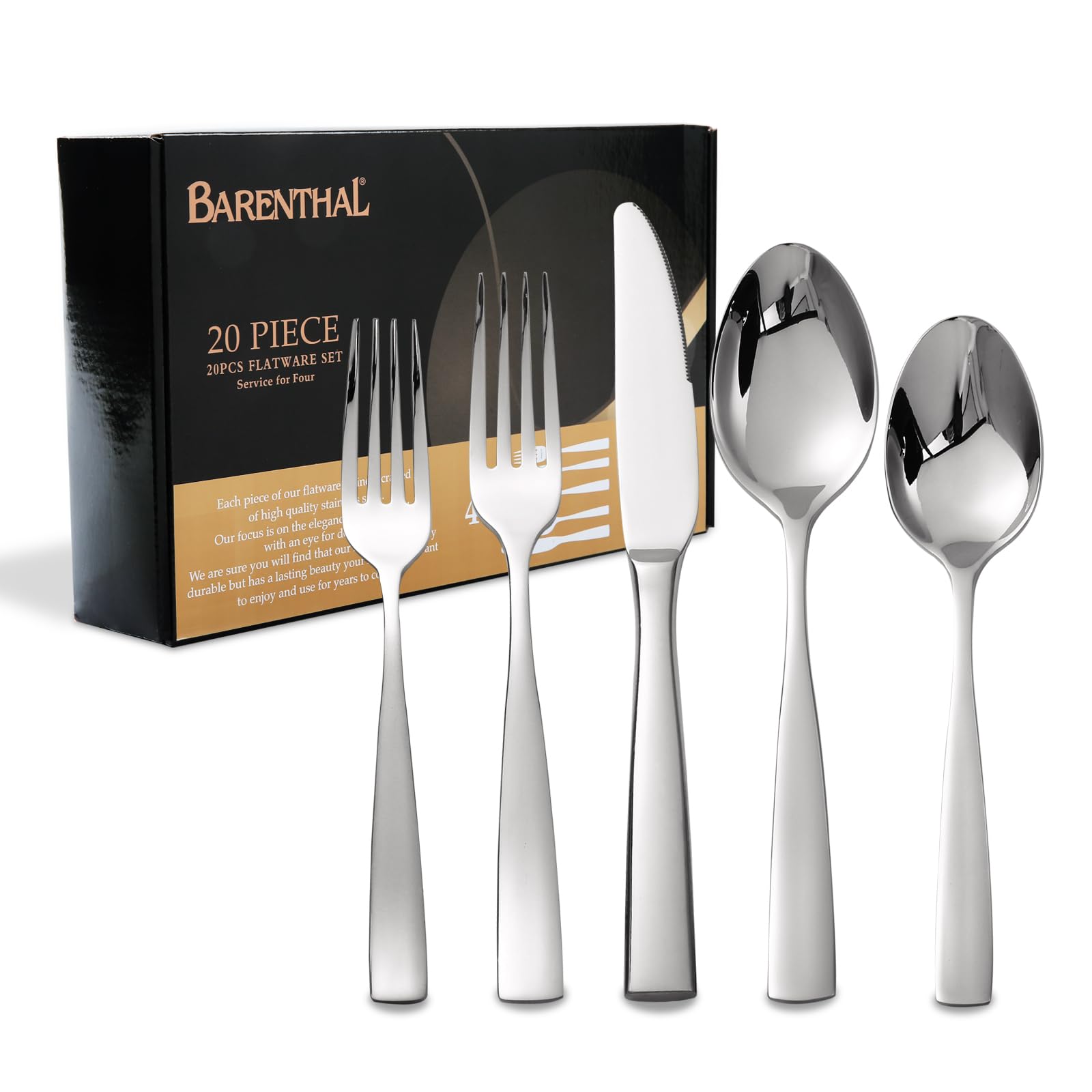 Silverware Set for 4, Barenthal 20 Piece Luxury Heavy Duty Silverware Flatware Set, Mirror Finish, Dishwasher Safe, Premium 18/10 Stainless Steel Cutlery Set for Home, Kitchen, Wedding, Party, Gift