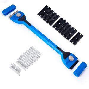 FOSHIO Long Handle Razor Blade Scraper, Two Sided Scraper Tool with Double Edged 10PCS Plastic Razor Blades & 10PCS Metal Razor Blades for Scraping on Stove Glass, Cleaning Glue, Decal, Sticker, Label