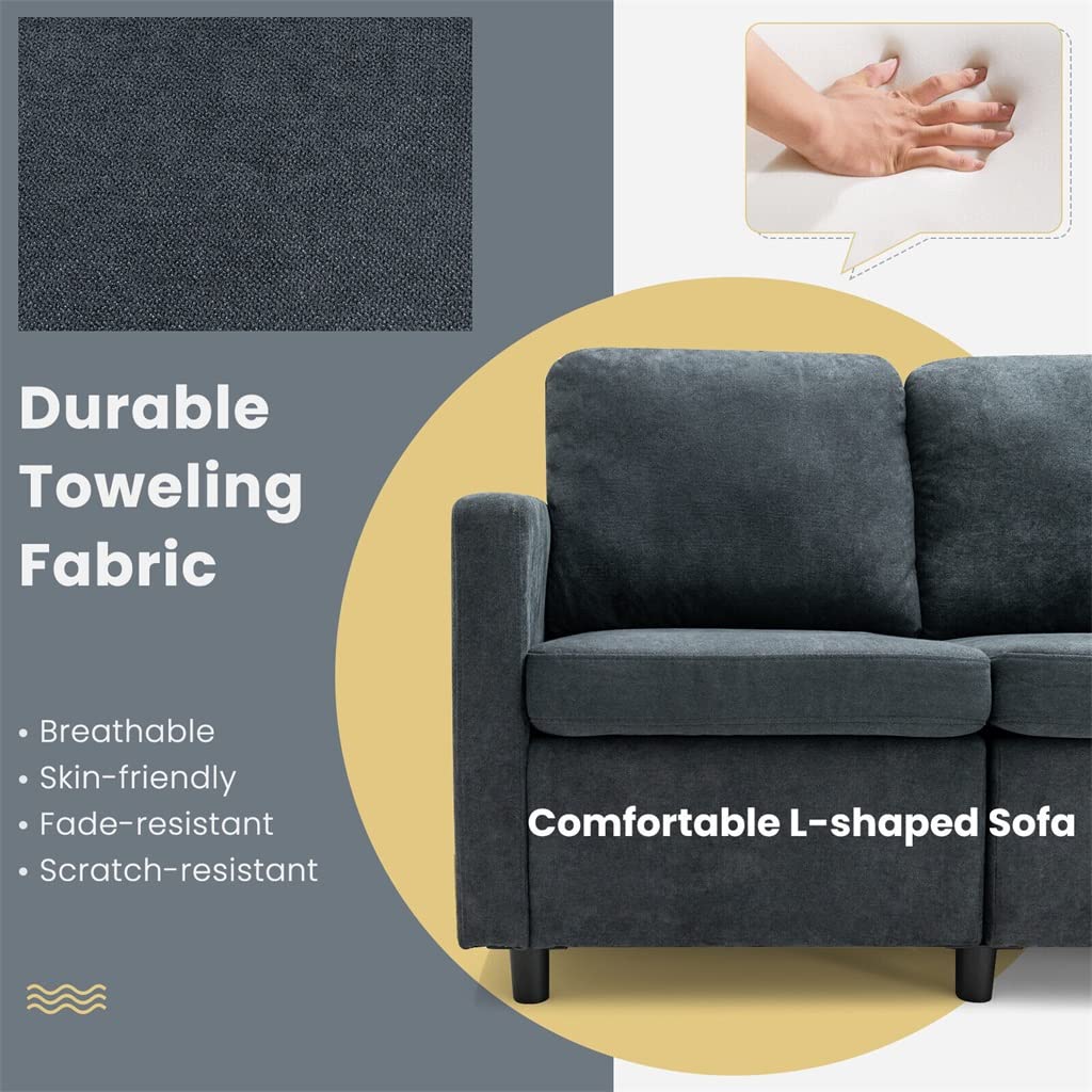 FANCUF Convertible Sectional Sofa 3 Seat L-Shape Couch Movable Ottoman Toweling Fabric