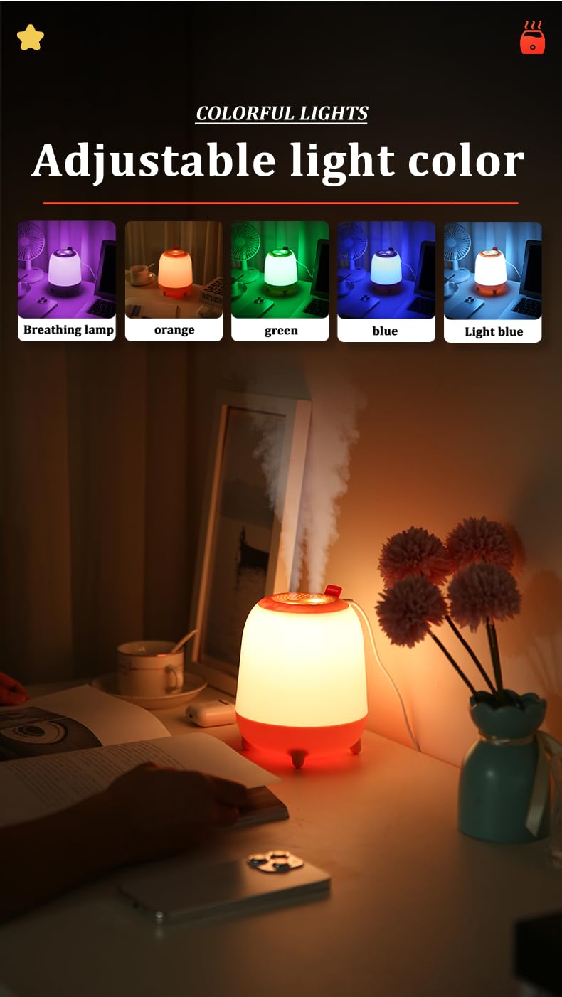 Humidifiers for Bedroom with Nightlight, Ultrasonic Cool Mist Humidifier Top Fill, Quiet Baby Air Humidifier with Night Light 5 Colors, Single/Double hole spray, Auto Shut-Off, 1.5L(Orange)