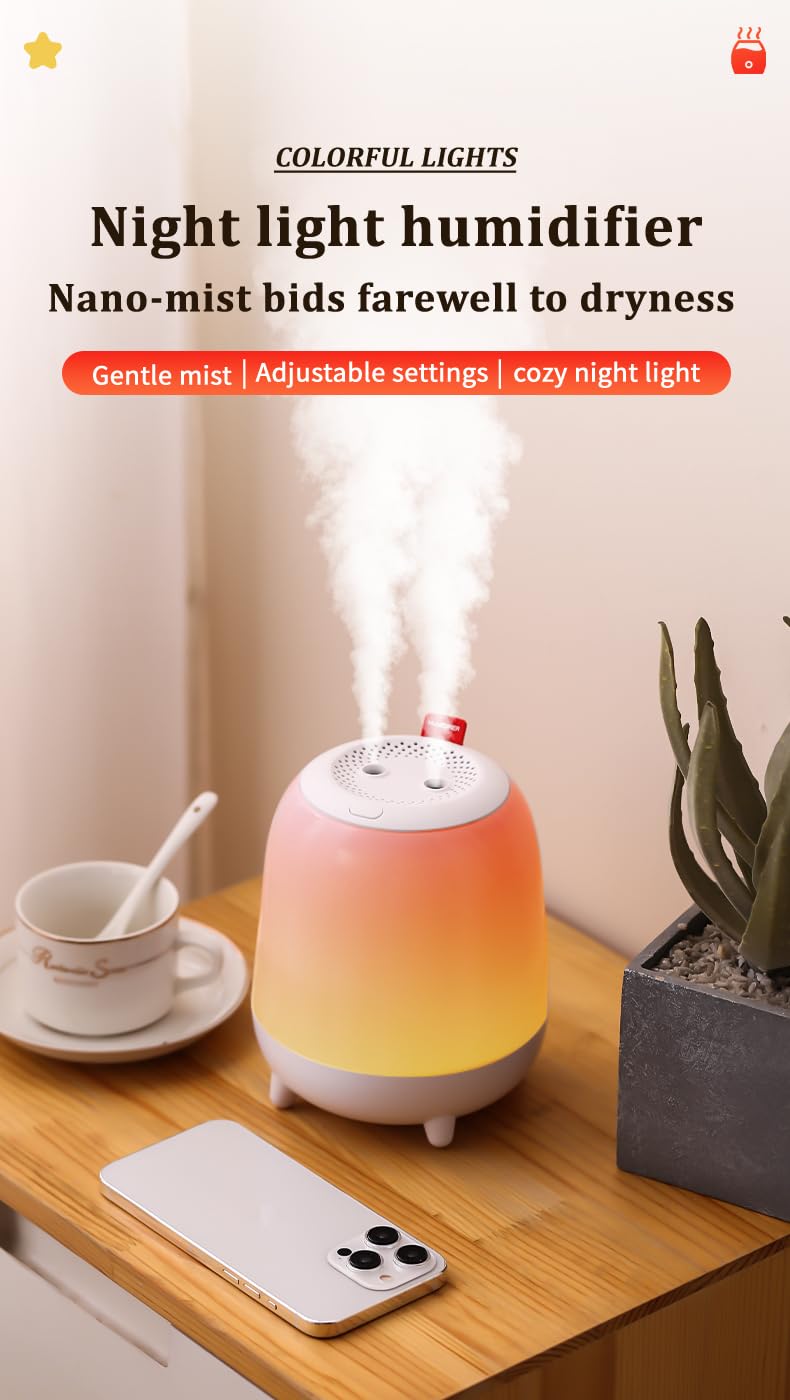 Humidifiers for Bedroom with Nightlight, Ultrasonic Cool Mist Humidifier Top Fill, Quiet Baby Air Humidifier with Night Light 5 Colors, Single/Double hole spray, Auto Shut-Off, 1.5L(Orange)