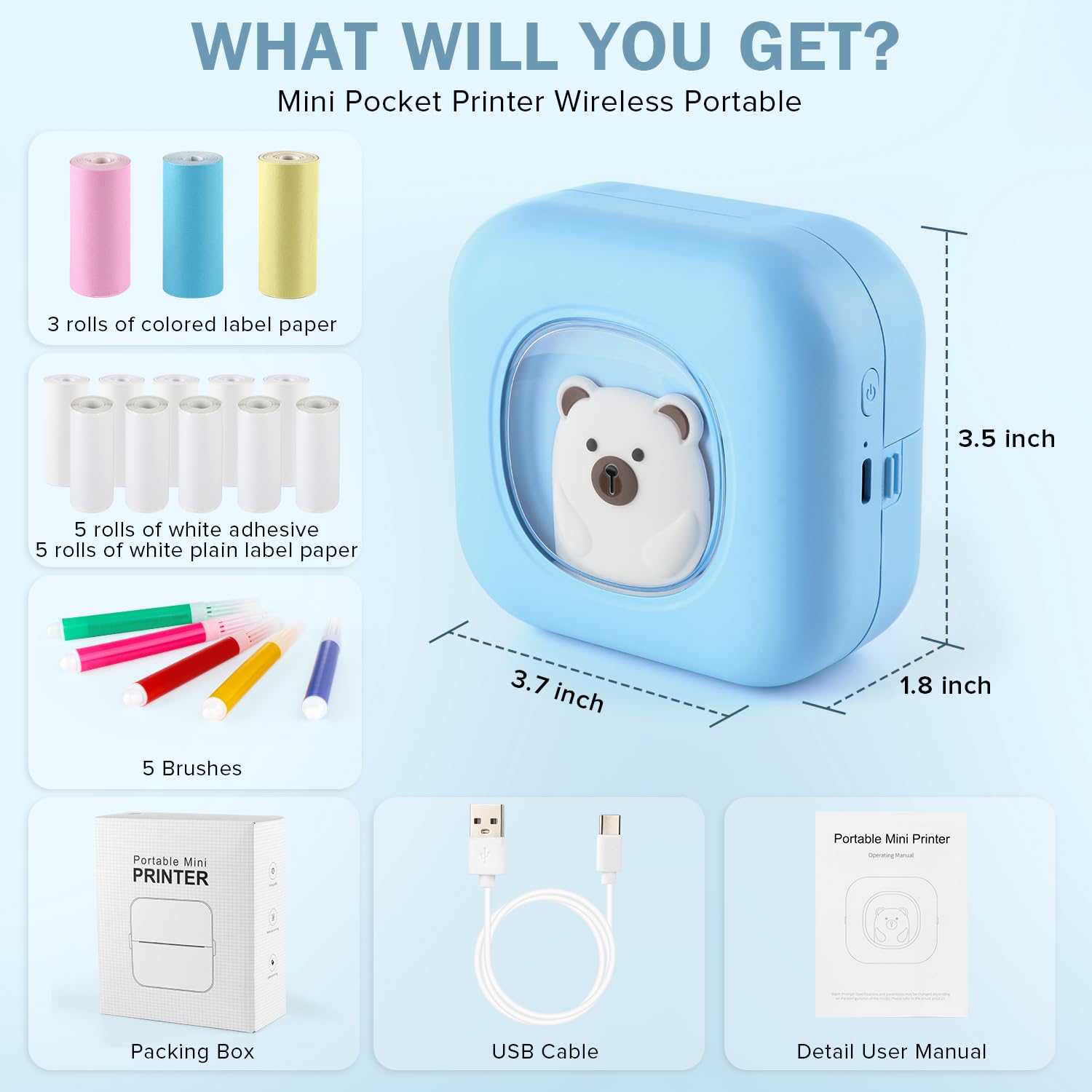 GYTBL Mini Printer with 13 Roll Sticker Paper, Portable Sticker Printer Efficiently and Quickly, Thermal Printer for Study Notes, Pictures, DIY, Label, Free App with Multiple Templates Printer