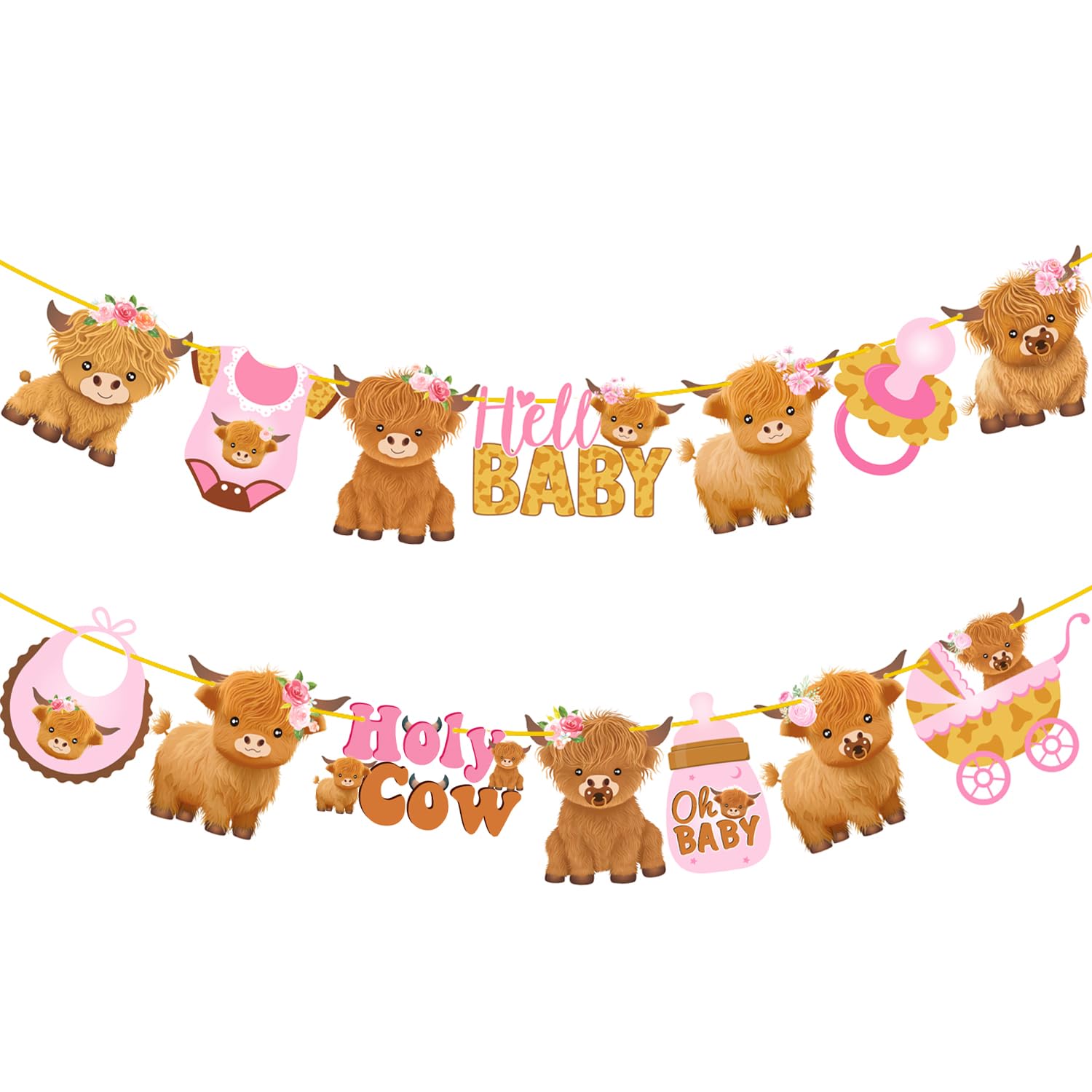 Pink Highland Cow Banners 2Pcs Highland Cow Baby Shower Party Decorations Holy Cow Baby Shower Banner Highland Cattle Cutout Decorations for Girl Oh Baby Cow Birthday Party Supplies