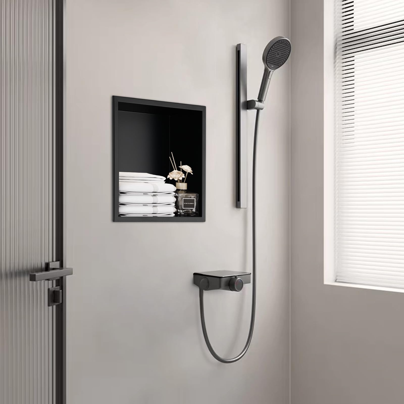 ZBOCAI Shower Niche 12"×12", Stainless Steel Shower Niche No Tile Needed for Bathroom Storage, Waterproof Recessed Niche for Shower Wall, Easy to Clean (Black)