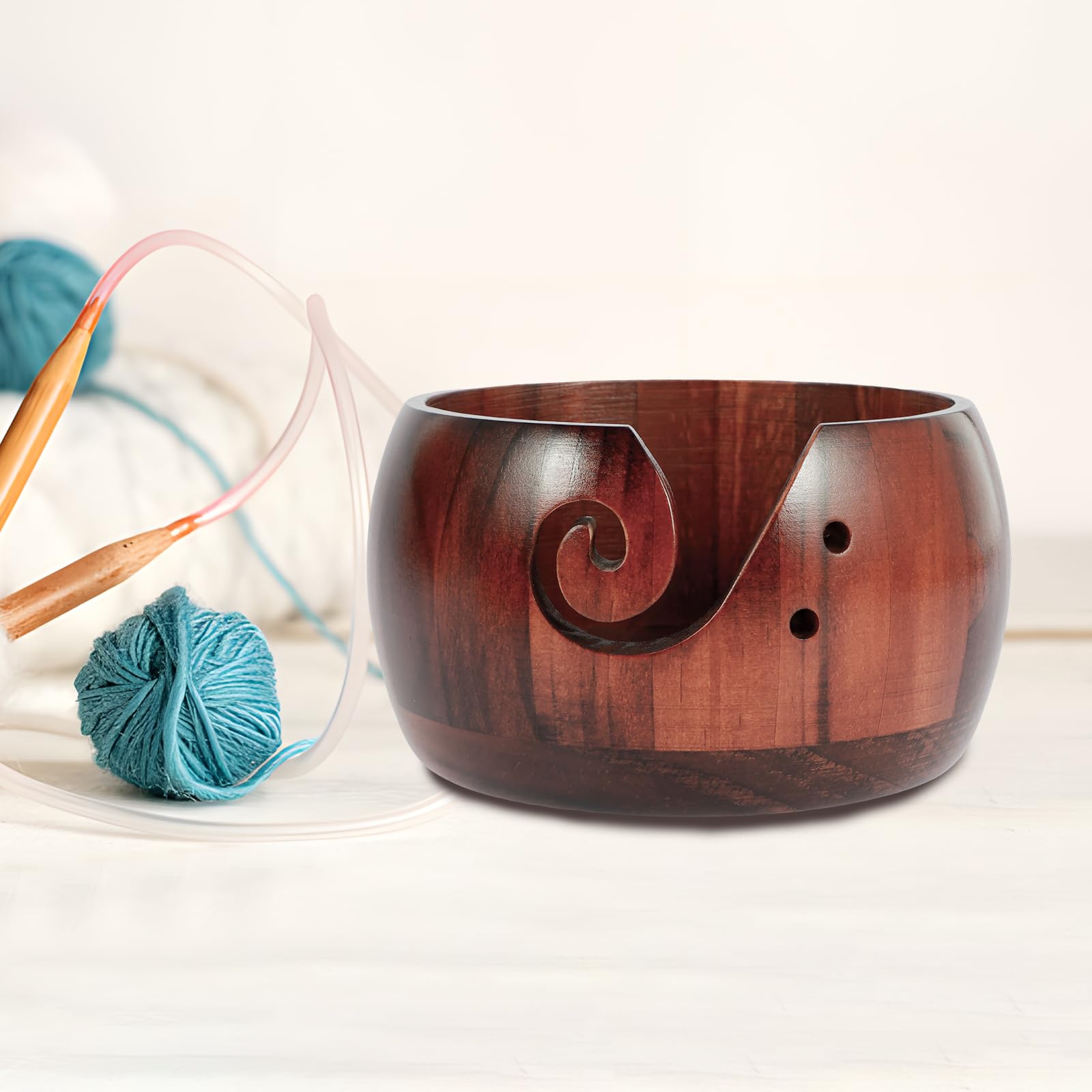 US Wooden Yarn Bowl Round Crochet Bowl Holder with Holes Pine Knitting Yarn Bowls Wooden Weaving Thread Bowl with Lid Portable Yarn Storage Bowl for DIY Knitting Crafts 5.9x5.9x3 inch(Dark -colored)