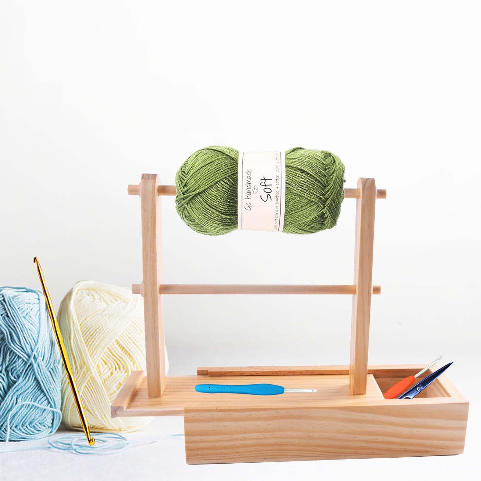 Viredelo Yarn Holder Dispenser for Crocheting,Crochet Yarn Holder with Storage Box,Twizzter Portable Yarn Holder,Yarn Holder for Crocheting,Handmade Wood Yarn Dispenser,Yarn Ball Holder,Burlywood