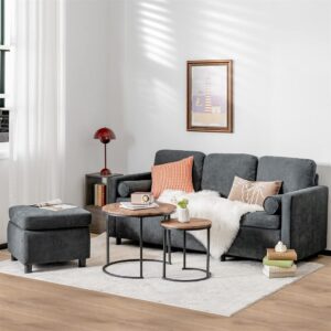 FANCUF Convertible Sectional Sofa 3 Seat L-Shape Couch Movable Ottoman Toweling Fabric