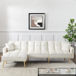 FANCUF Velvet Upholstered Reversible Sectional Sofa Bed, L-Shaped Couch with Movable Ottoman for Living Room.