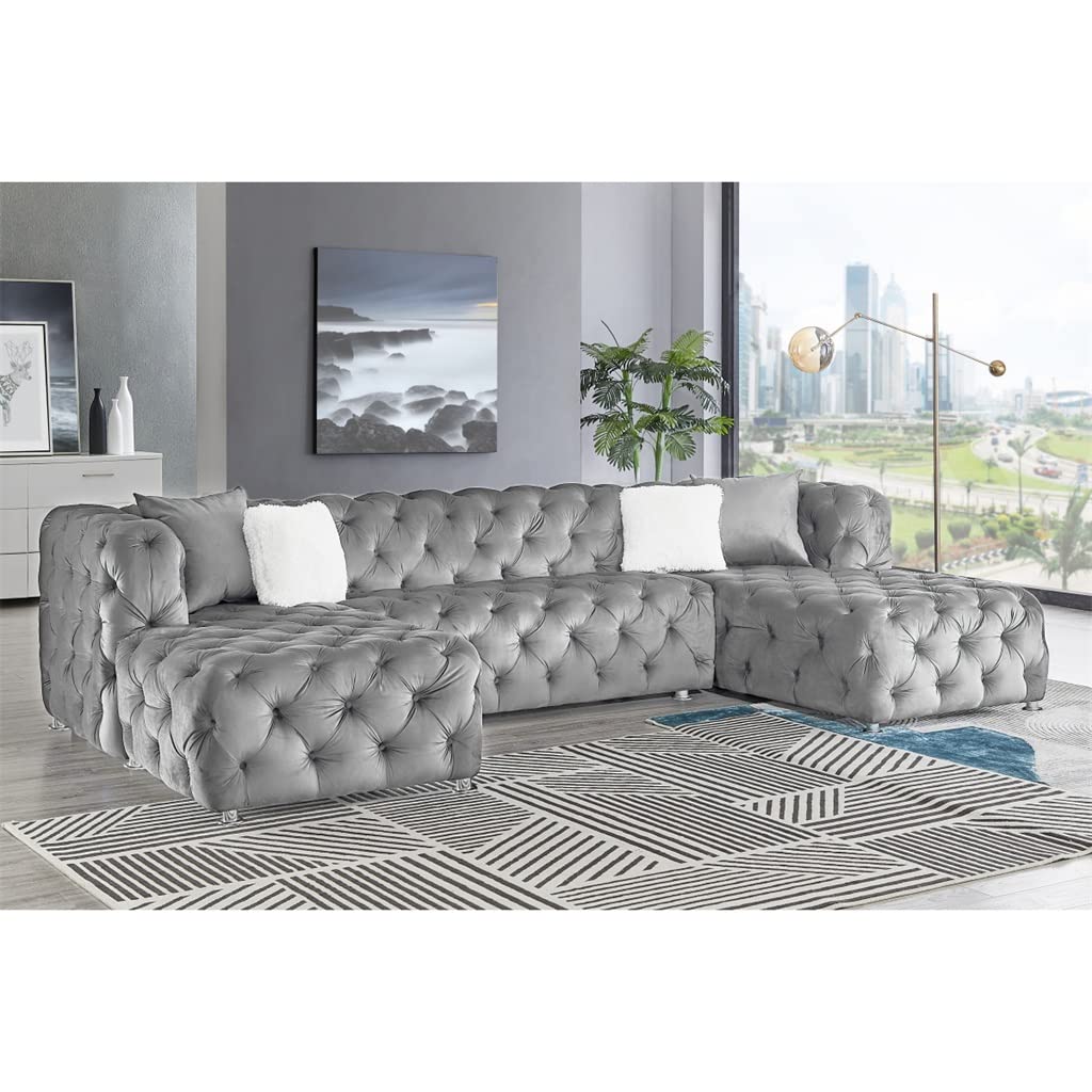 FANCUF U-shaped Modular Sofa Grey Velvet Fabric Living Room Sofa Living Room Furniture