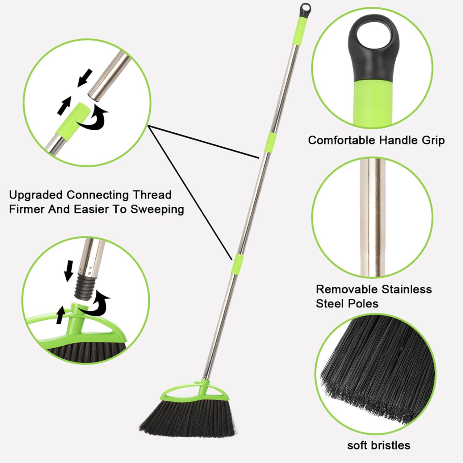 Soft Bristles Green Angle Broom Long Handle Indoor Broom for Hardwood Floor Sweeping Floor Cleaning Broom