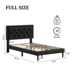 CXVX Full Size Platform Bed Frame with Upholstered Velvet Button Tufted Headboard, Mattress Foundation with Wooden Slat Support, No Box Spring Needed, Easy Assembly, Noise Free, Black