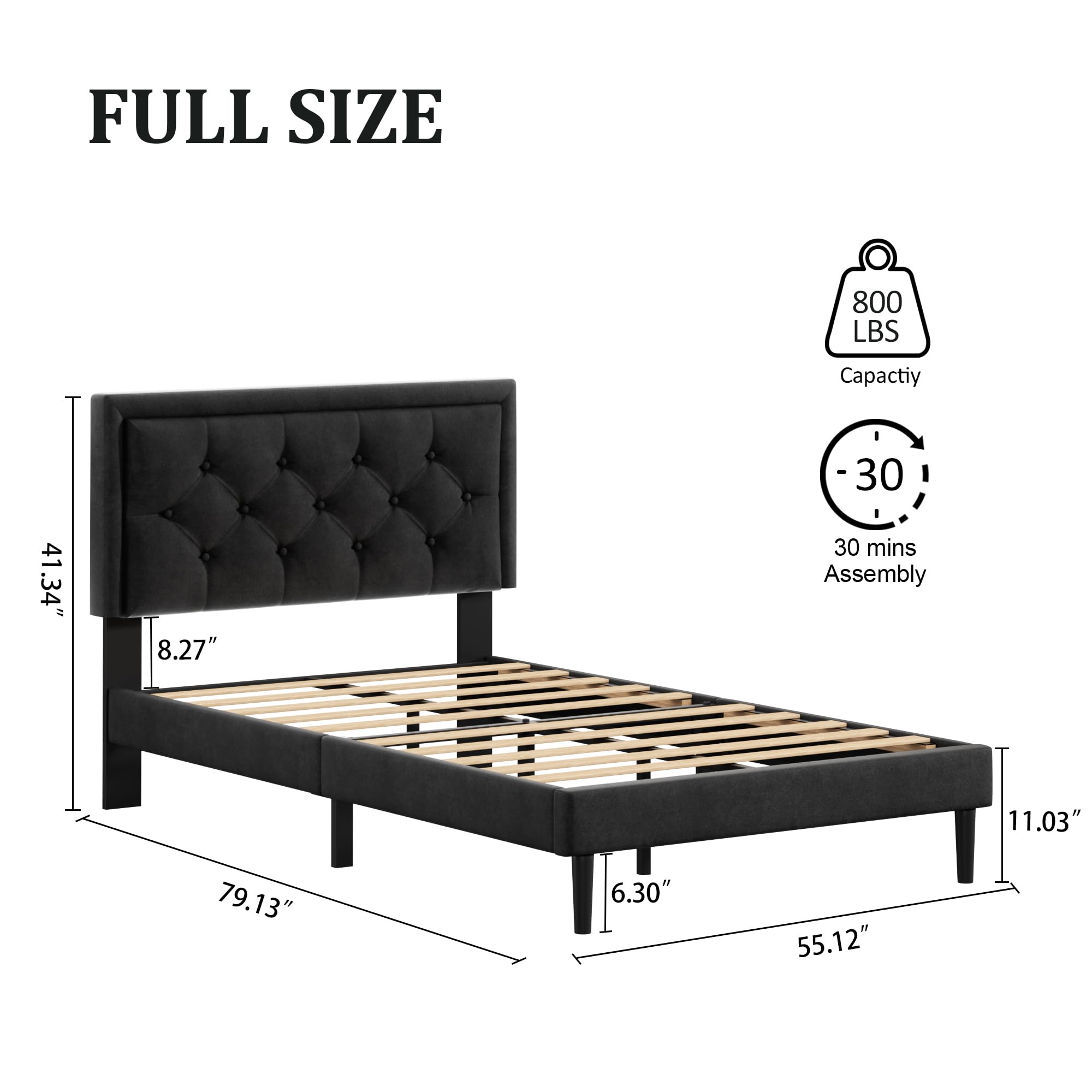 CXVX Full Size Platform Bed Frame with Upholstered Velvet Button Tufted Headboard, Mattress Foundation with Wooden Slat Support, No Box Spring Needed, Easy Assembly, Noise Free, Black