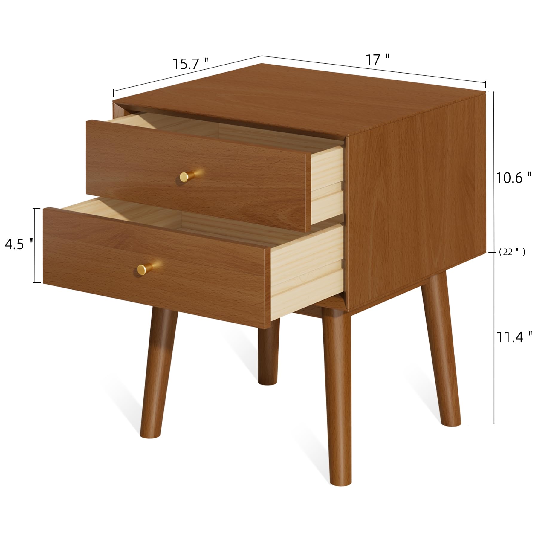 SANXIANHM Solid Wood Nightstand with 2-Drawers, Mid-Century Modern Night Stand,Small and Tall Bedside Table