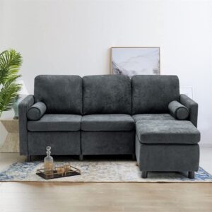 FANCUF Convertible Sectional Sofa 3 Seat L-Shape Couch Movable Ottoman Toweling Fabric