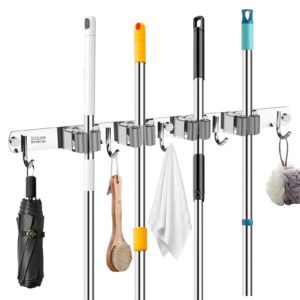 dmikcav mop and broom holder wall mounted, 4 racks and 5 hooks broom, upgraded stainless steel broom holder self adhesive, broom organizer, tools organizer for home kitchen bathroom garden balcony