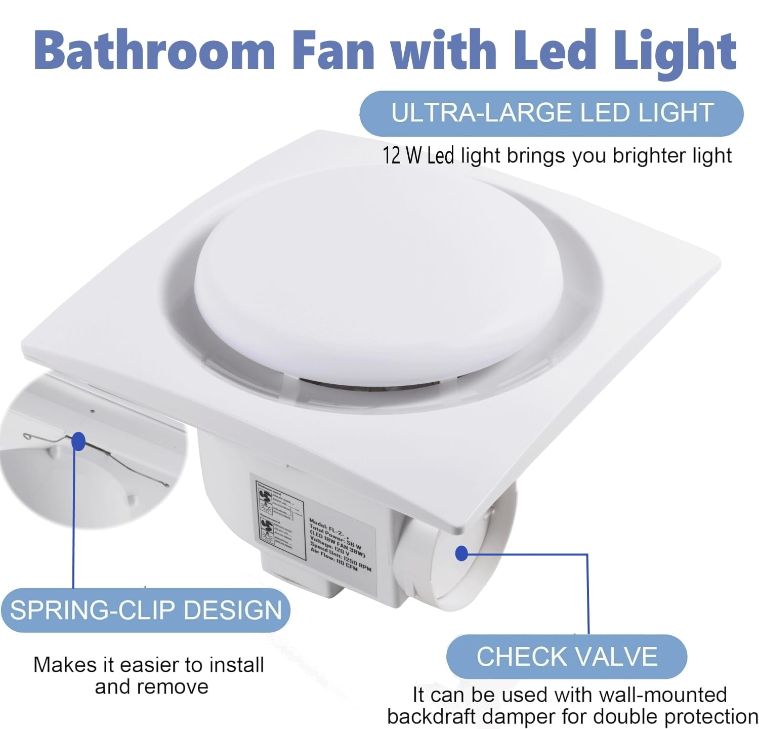 MEOZRI Bathroom Exhaust Fan with LED Light Ceiling Mount Ventilation Fan 110 CFM 1.0 Sones 4 Inch Duct Quiet Bathroom Vent Fan with Light Combo 5000K for Home Bath Office Hotel White (8Inches-Round)