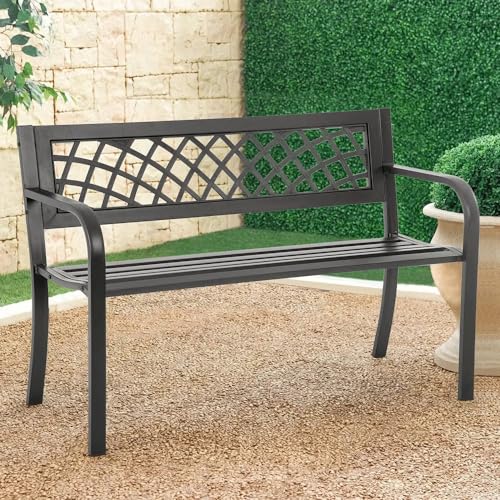 FANCUF Garden Bench,Outdoor Benches Iron Steel Frame Patio Bench Pattern and Plastic Backrest Armrests for Lawn Yard