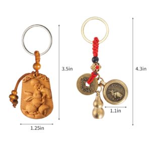 2 in 1 Feng Shui Wu Lou Brass Gourd 12 Zodiac Wood Carved Lucky Key Chain for Chinese Style Gifts(Rabbit)