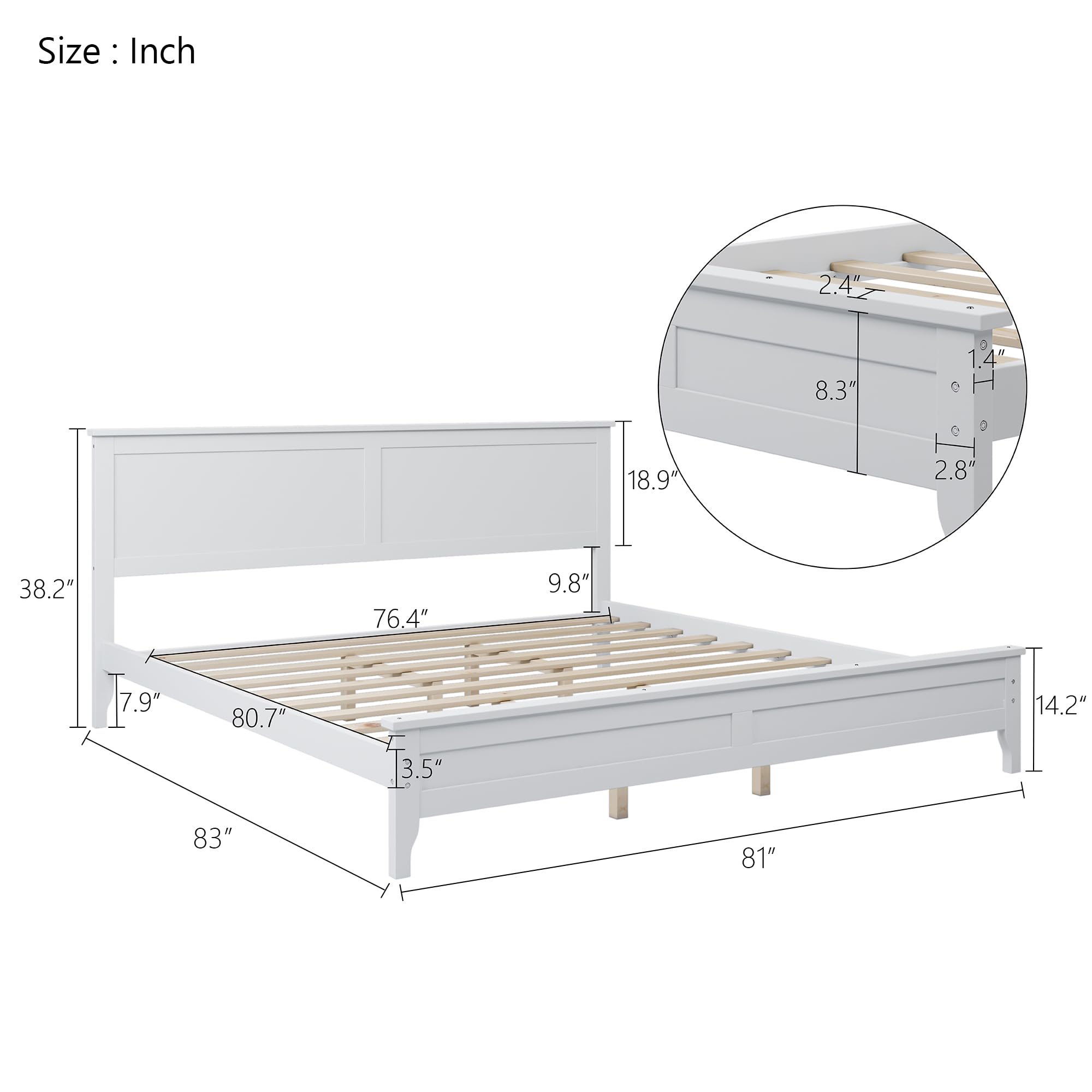 LZ LEISURE ZONE Modern Style Solid Wood King Size Platform Bed with Headboard/Footboard/Wood Bed Frame and Solid Wood Center Support Legs, No Box Spring Needed, White