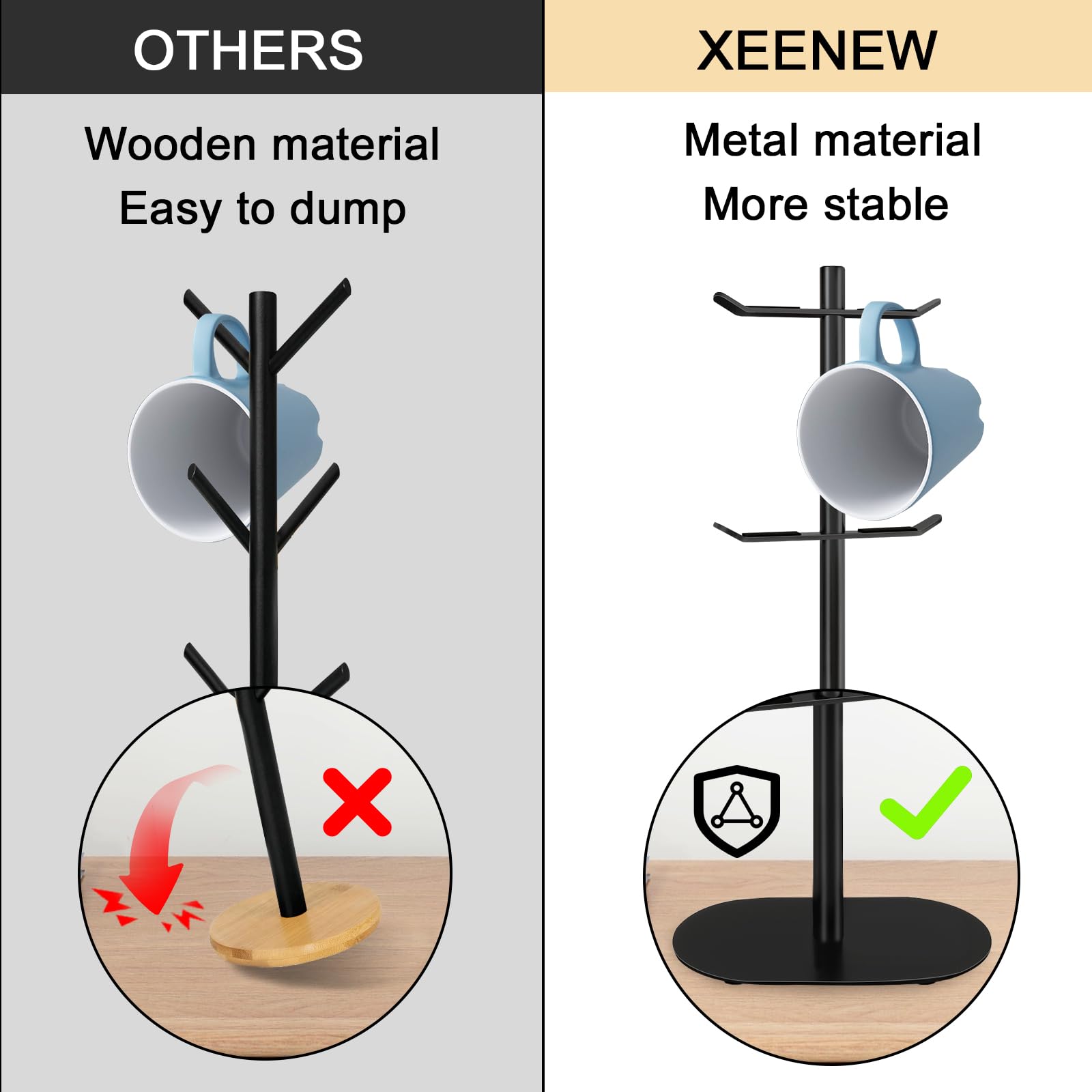 XEENEW Mug Holder Tree, Coffee Cup Holder with 6 Hooks, Coffee Mug Rack, Metal Mug Tree for Counter, Mug Holder Stand Coffee Mug Hanger(Balck)