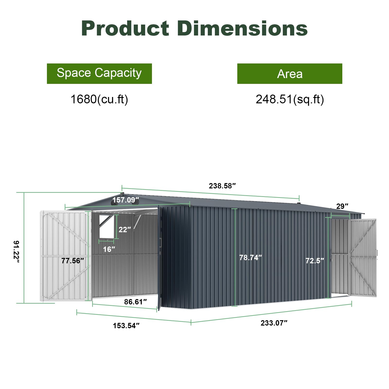 Large Metal Outdoor Storage Shed 13x20 Feet, with 1 Openable Window, 2 Doors, and 4 Ventilation Openings for A Large Metal Garage Shed for Cars, Trucks, Bicycles, Trash Cans, Tools, and Lawn Mowers