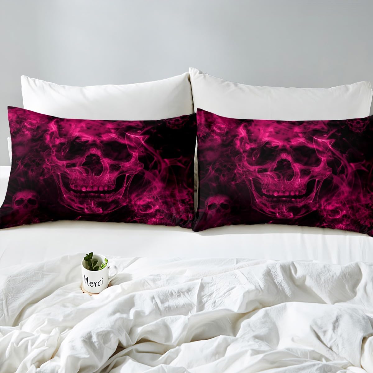 Feelyou Sugar Skull Sheet Set King Size Gothic Skull Sheets with Deep Pocket Fitted Sheet Teens Adults Halloween Themed Bed Sheets Set Smokey Hot Pink Black Bed Set Room Decor 4Pcs with 2 Pillow Case