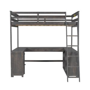 Merax Full Size Loft Bed, Wood Full Loft Bed Frame with U-Shaped Desk, Cabinet, Drawers and Storage Shelves, Antique Brown