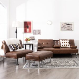 FANCUF 3-Piece Sectional Sofa Set Convertible Futon W/Single Sofa&Ottoman