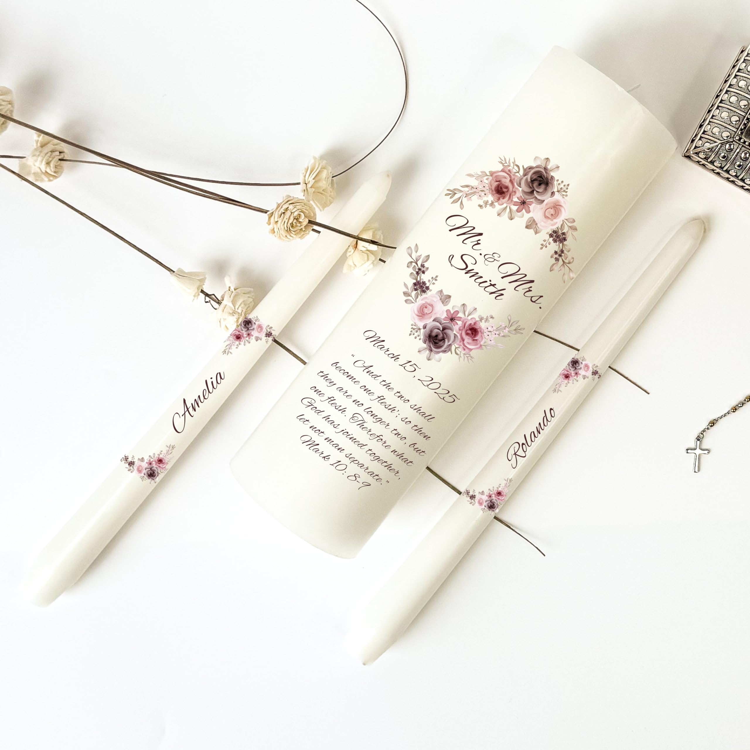 Unity Candles for Wedding, Mr and Mrs Unity Set, Custom and Personalized Pillar and Taper Candles with Bible Quote, Unscented White Premium Wax, Religious and Wedding Ceremony, Special Events