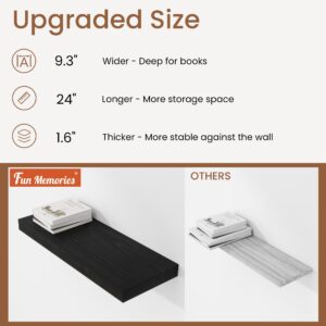 Black Floating Shelves for Wall, 9 Inch Deep Floating Shelves Set of 2, 24 Inch Long Solid Wood Wall Mounted Shelves for Books Living Room Bedroom Kitchen Home Office, 24"W x 9.3"D x 1.6"H