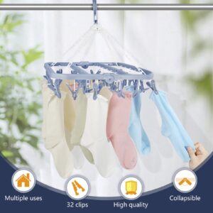 Aolloa Clothes Drying Rack with 32 Clothespins, Bule Foldable Hanging Drying Racks, 360° Rotatable Hook for Drying Towels Bras Baby Clothes Gloves Plastic, Clothes Drying Foldable-Bule