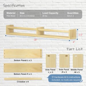 Harwaya Floating Nursery Book Shelves for Wall, 32 Inch Long Wall Bookshelf for Kids Room Bedroom, Wooden Large Wall Shelf with Hanging Rod for Baby Toddler Child Clothes (3-Pack, Natural Wood)