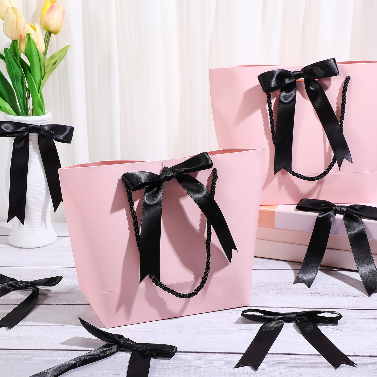 Riceshoot 50 Pcs Twist Tie Bows 5x7 Inch Large Satin Ribbon Bow for Gift Wrapping Champagne Bottle Cake Treat Bag Craft DIY Gift Wedding Baby Shower Bridal Shower Christmas Birthday Party(Black)