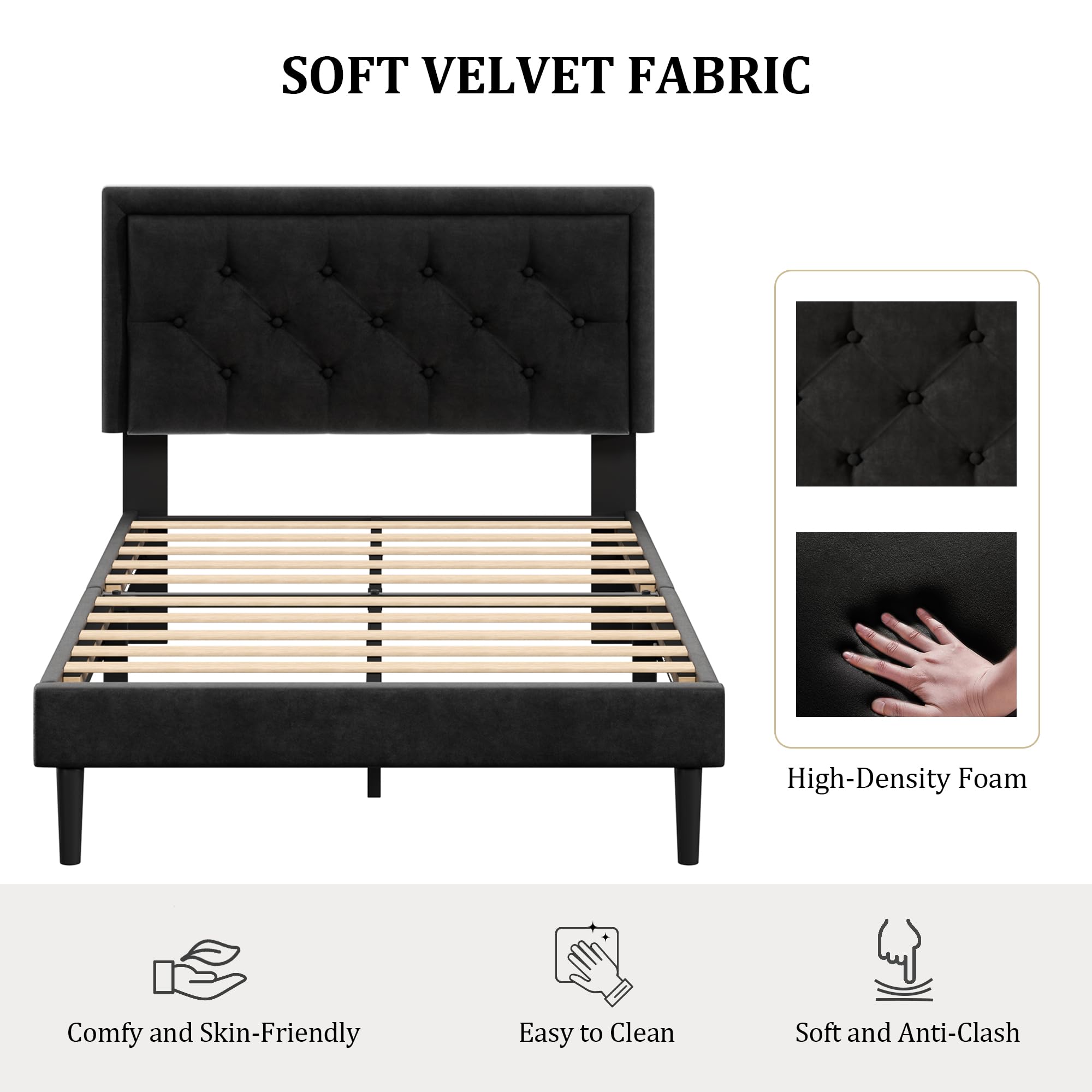 CXVX Full Size Platform Bed Frame with Upholstered Velvet Button Tufted Headboard, Mattress Foundation with Wooden Slat Support, No Box Spring Needed, Easy Assembly, Noise Free, Black